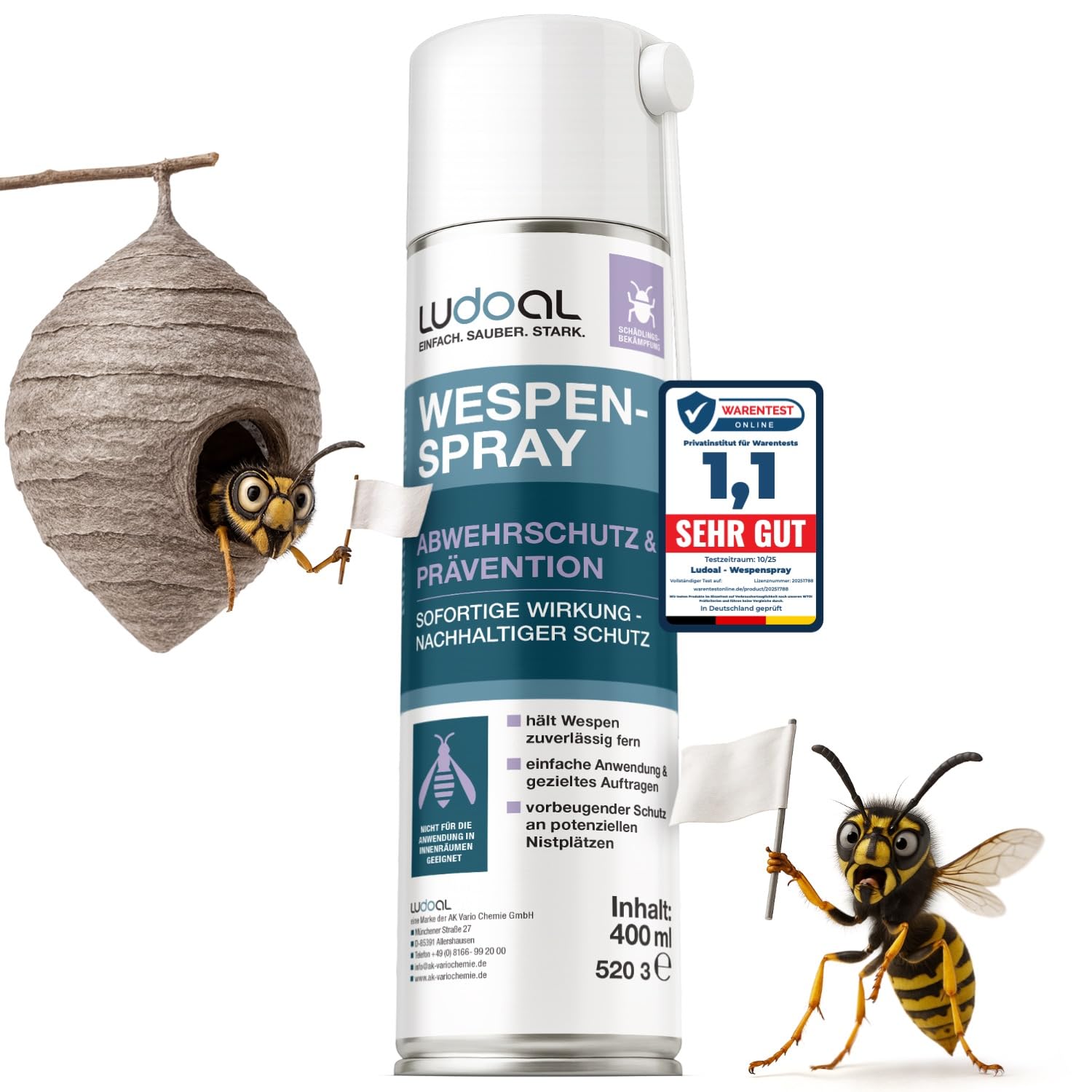 Wespenspray mit langem Sprührohr & 10x mehr Wirkstoff (2% Geraniol) – EXTRA STARK – Sofortiger Abwehrschutz mit Langzeitwirkung – 15 cm Sprührohr – Made in Germany – LUDOAL 400 ml (PT19)