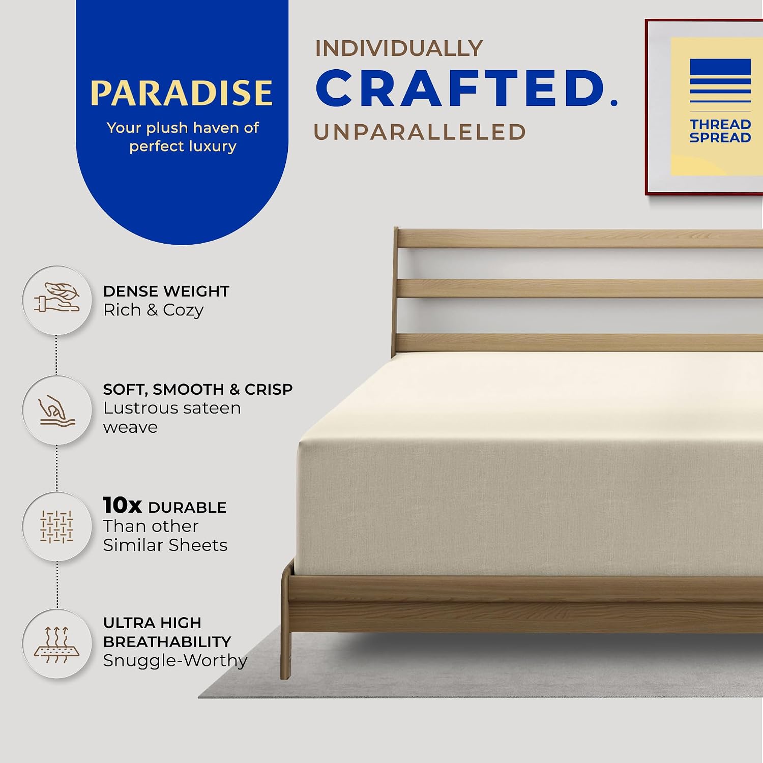 Thread Spread 100% Egyptian Cotton King Fitted Sheet Only - Luxury 1000 Series Paradise Collection Fitted Sheet King Size (Ivory), Silky Soft Cooling 16" Deep Pocket Snug Fit Hotel Bottom Sheet image 5