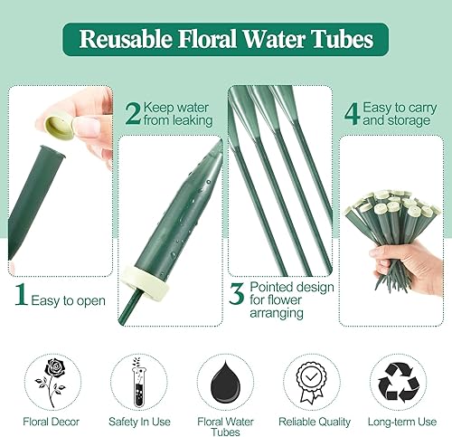 Miniatura 3 de 90 tubos de agua florales verdes, tubos florales de plástico, suministros para flores frescas con tapa de goma para arreglos de tallo floral,