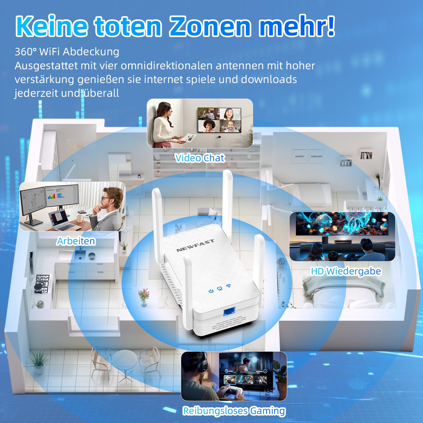 NEWFAST 2026 Neuestes WiFi 6 Extender,3000Mbit/s Dualband WLAN Verstärker | WLAN Repeater mit 4 Schwenkbaren Antennen,WPS,MU-MIMO,Gigabit-Port,Unterstützt Repeater/Router/AP Modus,Signalstabil,Weiß