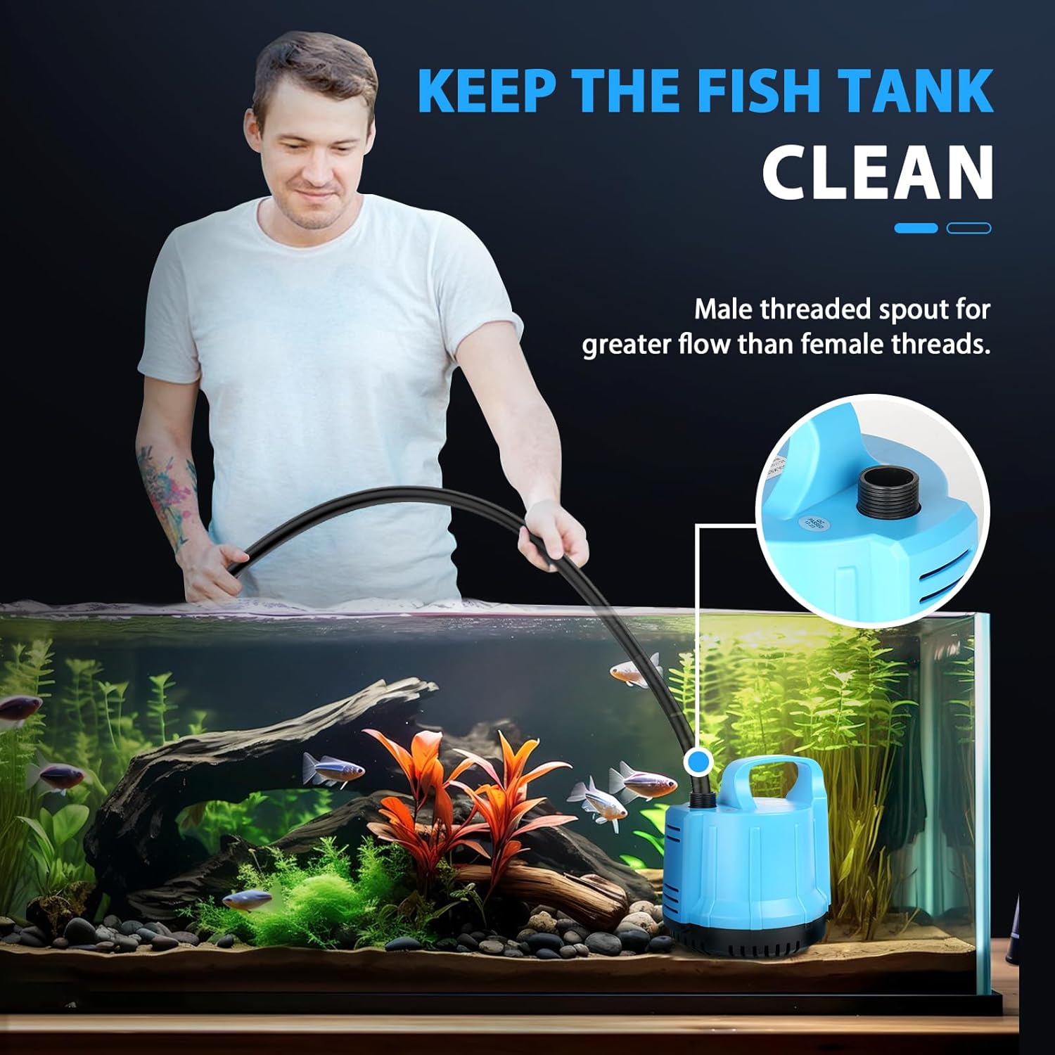 1200 GPH 115W Submersible Water Pump for Large 140-300 Gallon Fish Tank, Pond, Aquarium, Fountain, Pool Draining, Hydroponic System, Water Sump Pump 8.2ft Power Cord US 3-Plug, 3 Outlet Nozzles Blue
