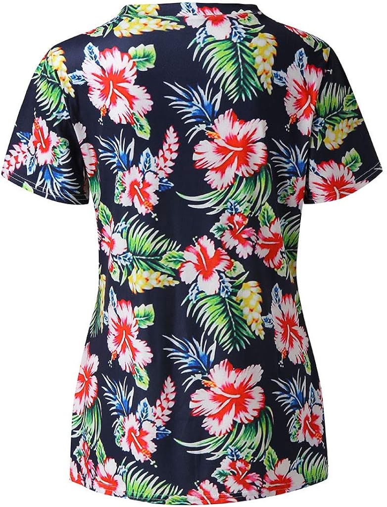 iYYVV Womens Summer Flower Stripe Printed V Neck Short Sleeve Shirt Tunic Tops Blouse at  Women’s Clothing store