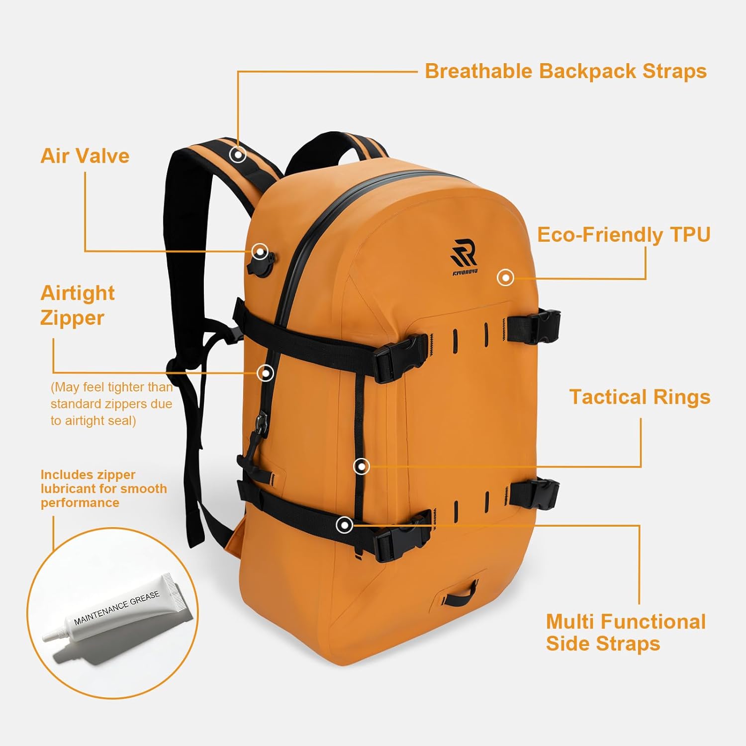 Airtight Waterproof Backpack 30L, Floating Dry Bag with Resin Zipper, IPX7 Gear Protection Large Capacity for Men, Kayaking, Paddle Boarding, Fishing, Travel, Surfing, Work, Outdoor Orange - Image 8
