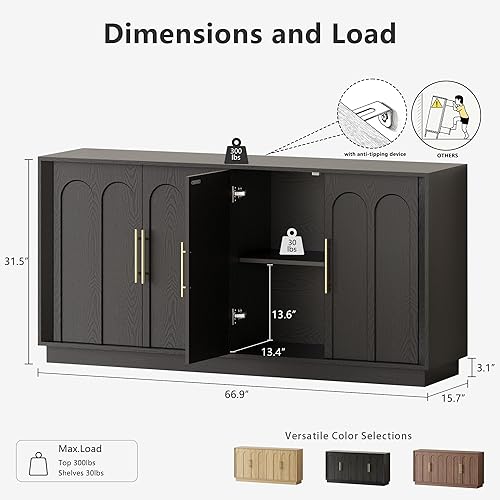 Miniatura 2 de Aparador de buffet con almacenamiento, armario moderno con puertas arqueadas, consola modular grande de 67 pulgadas, creenza minimalista para sala