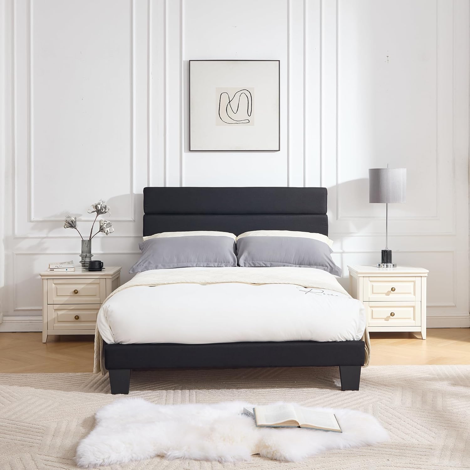 Queen Size Platform Bed Frame, Soft Fabric Headboard Bed Frame with Sturdy Wooden Slats – Modern & Noise Free, Fully Upholstered Mattress Foundation/Easy Assembly (Black, Queen (U.S. Standard))