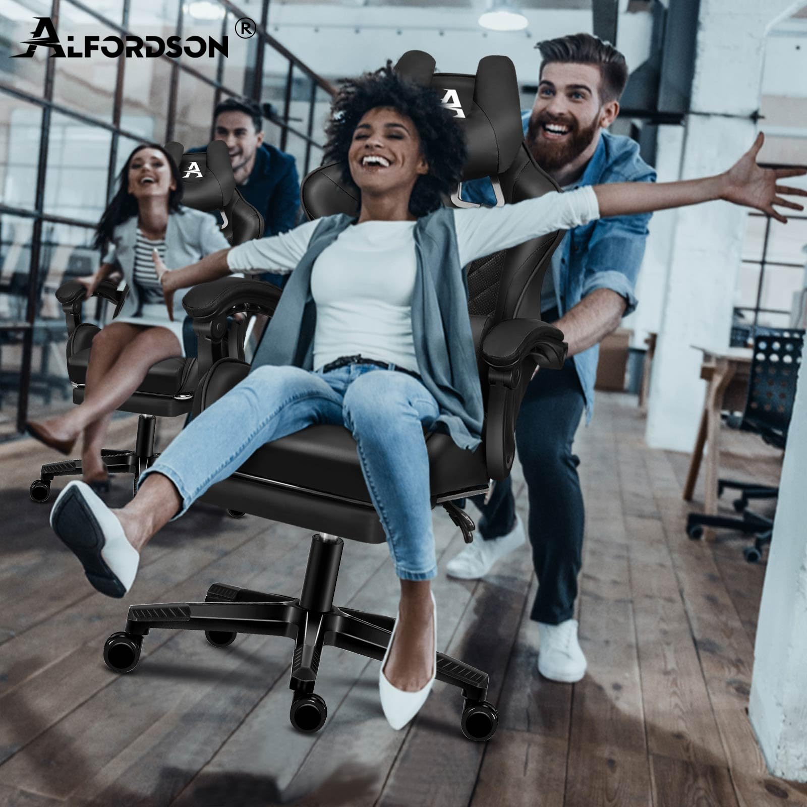 ALFORDSON Sedia Gaming Ergonomica Reclinabile, Con Massaggio e Cuscino Lombare,Sedia Ufficio con Cervicale e Poggiapiedi Retrattile,Altezza Regolabile,Poltrona GamerReclinabile 150°, Similpelle(Nera)