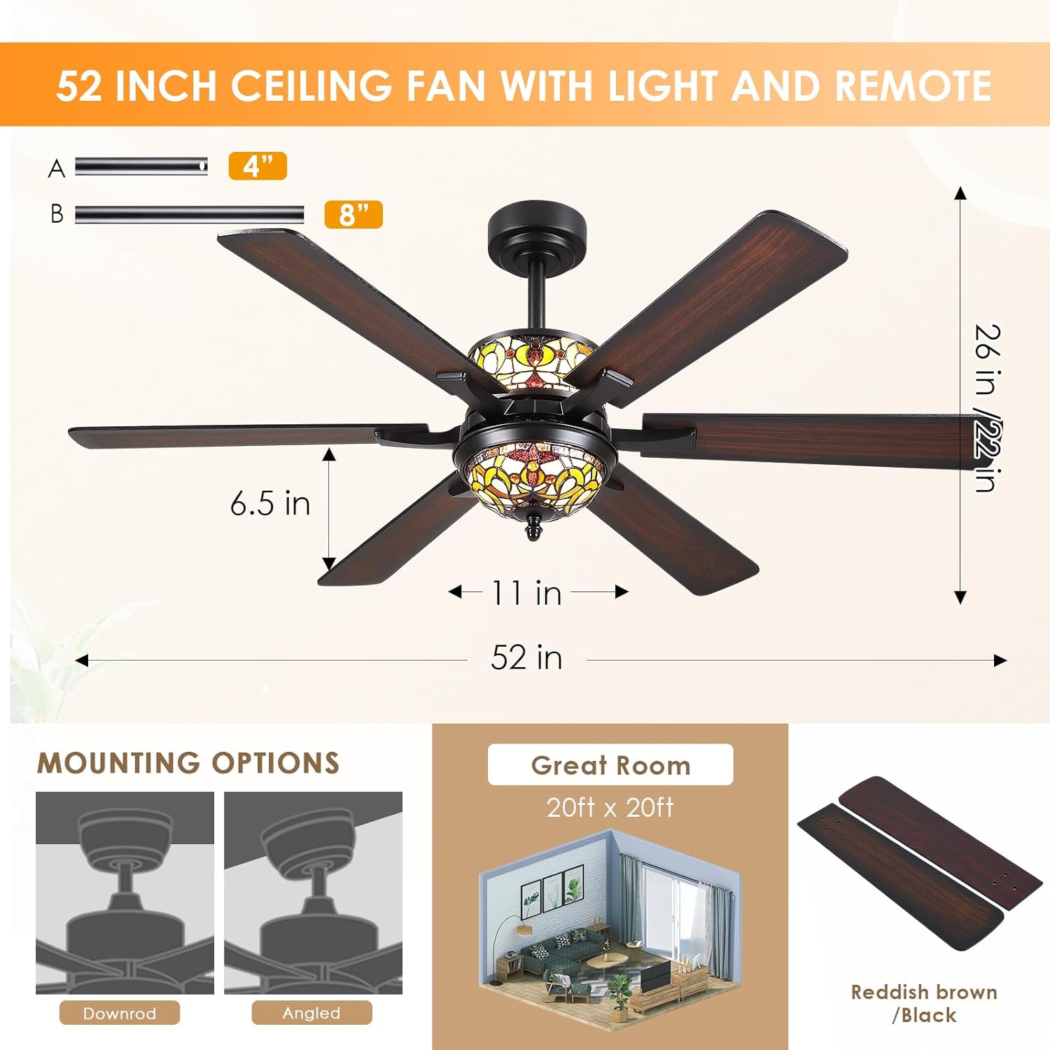 Ceiling Fans with Lights - 52" Black Ceiling Fan Chandelier with 6 Dual-Blades and Glass Shade, 6 Speeds and Reversible, Indoor and Outdoor Antique Fan Light Fixture, Retro Style Red Décor 8267
