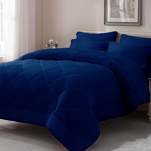 ELNIDO QUEEN® Queen Comforter Set Navy - 7 Pieces Bed in a Bag Queen Size, Bed Set All Seasons, Ultra Soft Dark Blue Bedding Sets with Comforter, Flat Sheet, Fitted Sheet, Pillowcases and Pillow Shams