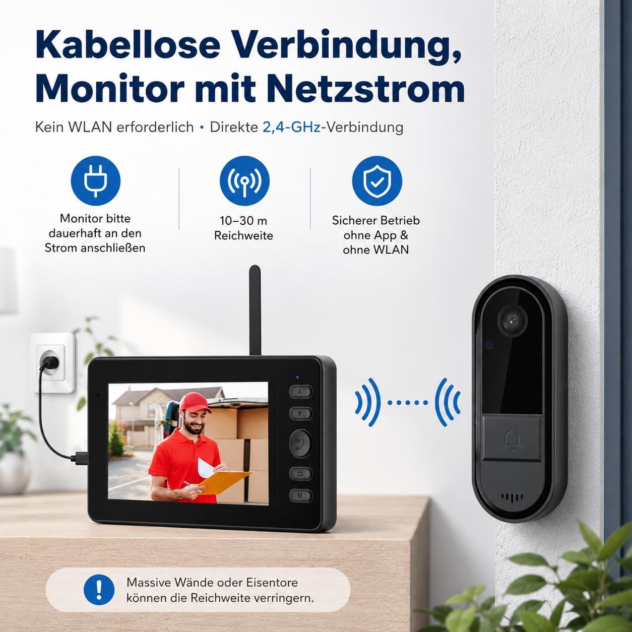 Funkklingel mit Kamera, Kabellose Video Türklingel mit 4,3" IPS Monitor, ohne WLAN & App, Türsprechanlage, Gegensprechfunktion, Monitoraktivierung per Tastendruck, 170° Weitwinkel, LED Nachtsicht,IP65
