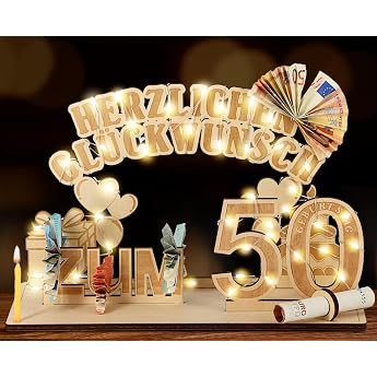 Giftota Original 50th Birthday Money Gifts Wooden with LED Fairy Lights Gifts for 50th Birthday Man/Woman 50th Birthday Decoration