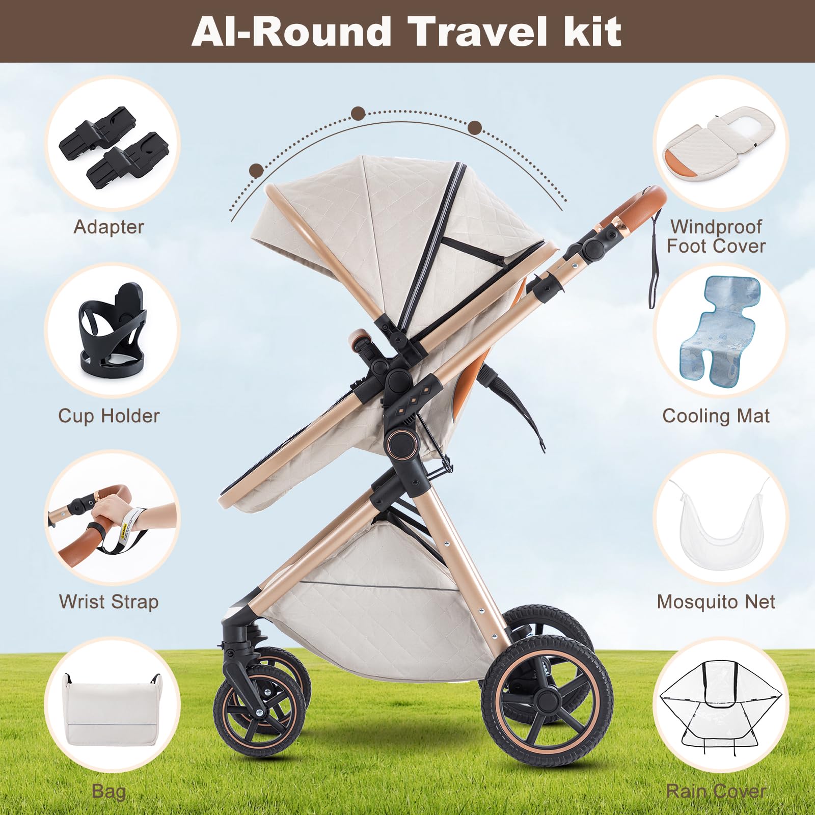 Zkiprm Passeggino 3 in 1 - passeggino neonati con Seggiolino Auto - Passeggino Pieghevole - Maniglia Regolabile in Altezza | Copripioggia | Sacco Piedi | Zanzariera | Portabibite,0-3