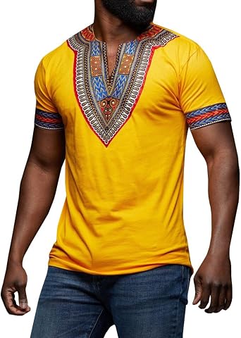 Makkrom Mens African Dashiki T Shirt Tribal Floral Print V Neck Slim Fit Shirts Tops