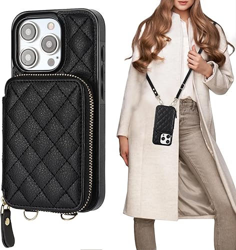 Bocasal Funda tipo cartera con bandolera para iPhone 15 Pro, cartera de mano de piel sintética con cremallera y bloqueo RFID, funda tipo cartera con