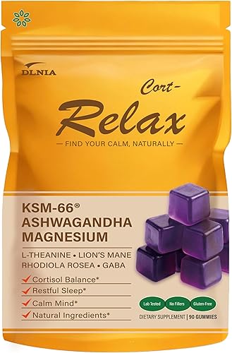 DLNIA Gomitas de cortisol con glicinato de magnesio, Ashwagandha, 120 unidades