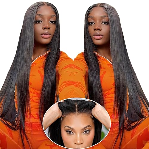 Vista 24 de mengkai Pelucas de cabello humano de 32 pulgadas con encaje frontal de 13x6, cabello humano predesplumado liso, peluca frontal de encaje HD