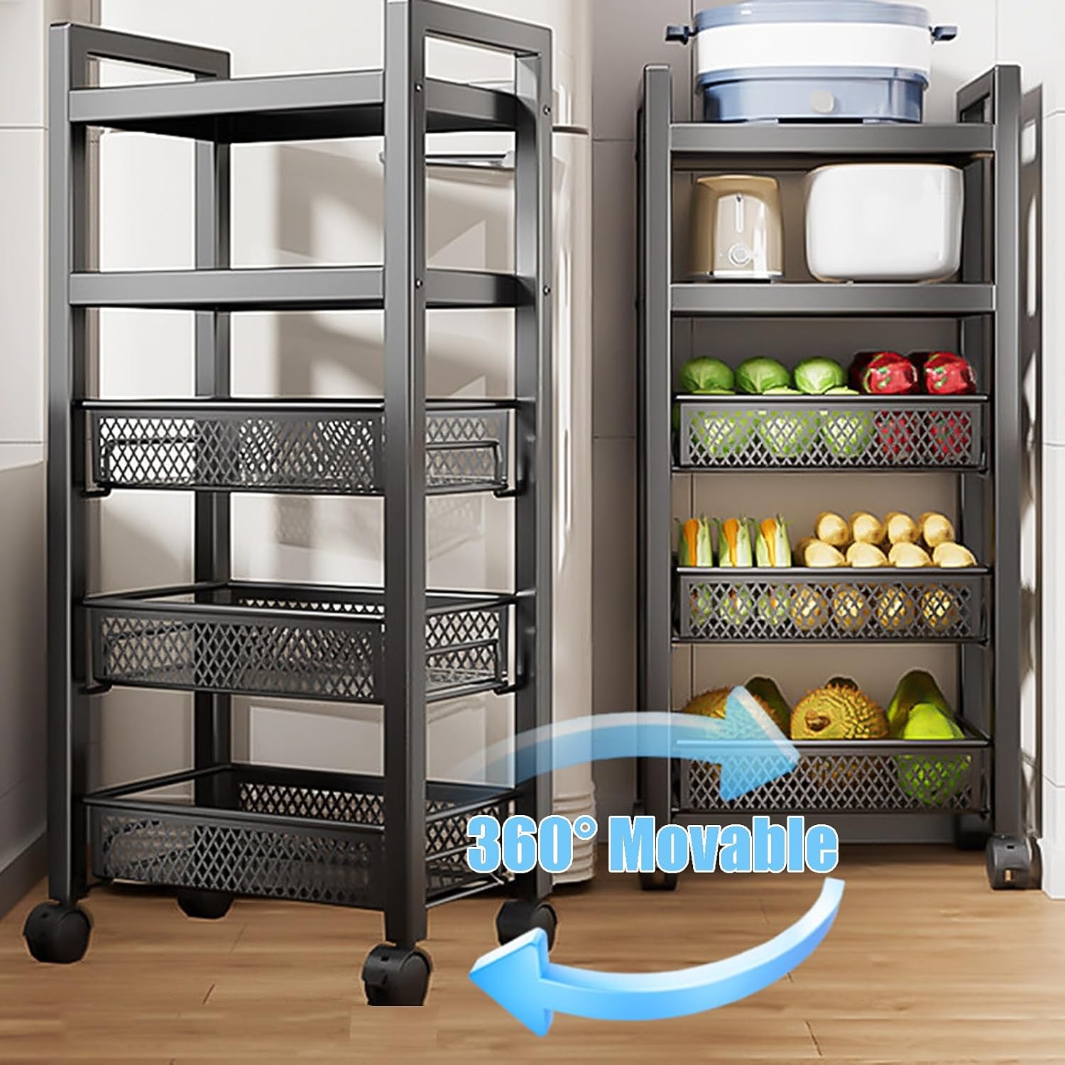 5 Tier Kitchen Fruit Storage Cart with Flat Layers and Mesh Basket, Narrow Vegetable Storage Rack on Wheels for Small Space, Metal Steel Utility Cart Shelving Unit