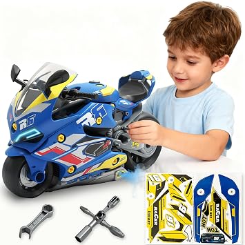 Take Apart Motorcycle Toys Kit, Motorcycle Model Toys for Kids Mechanic,Motorcycles Toy with Light, Sound & Spray for Toddlers 3+ Kids,Interactive Toy Engine Building Kit, Blue