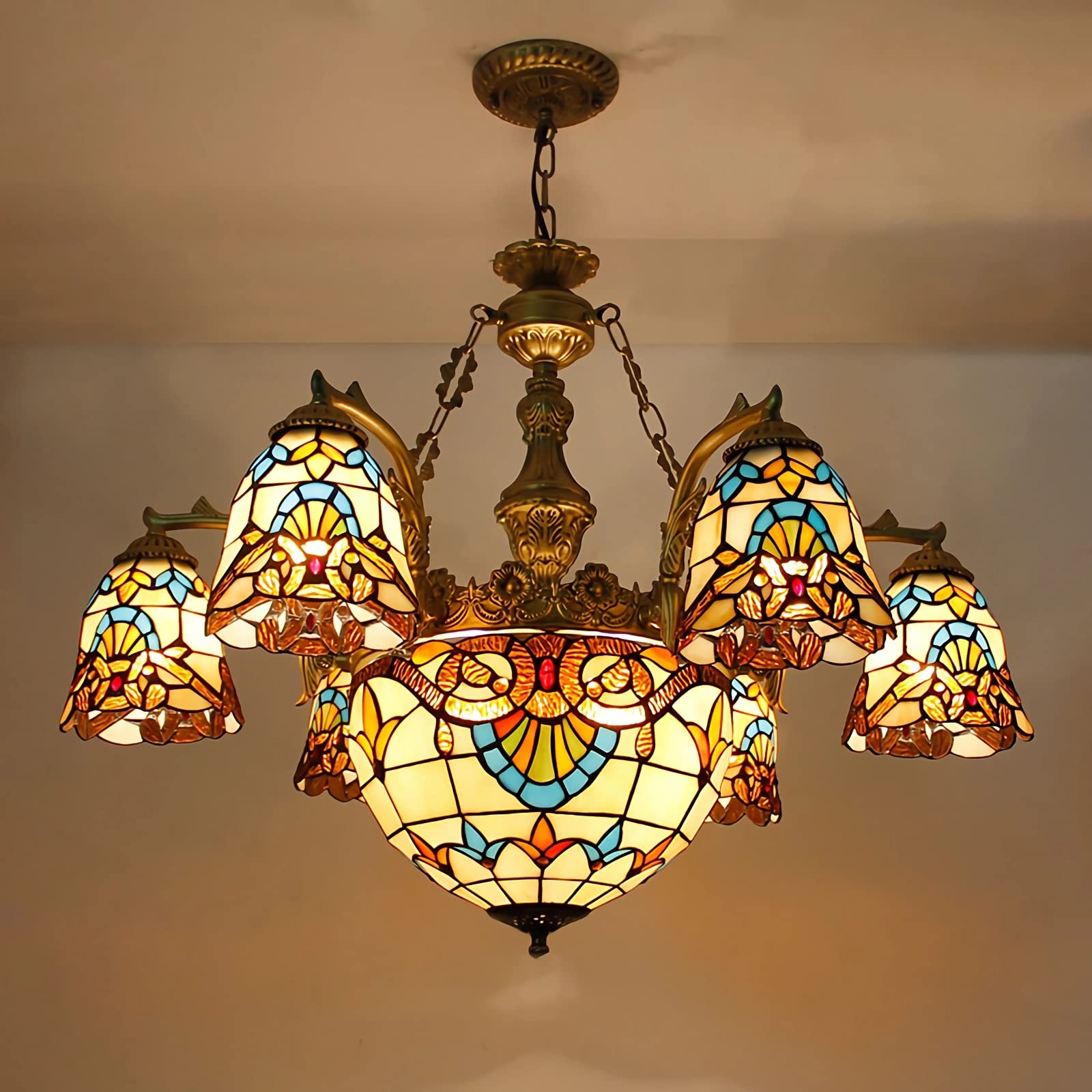 YNIYUJKL Tiffany-Style Baroque Chandeliers, Stained Glass Ceiling Pendant Light Fixtures For Living Room Bedroom Kitchen Hallway, E27 Bulb, Max40W,3 Lights-3 Lights (A),A