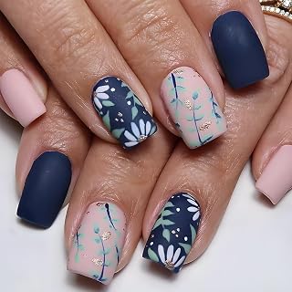 Spring Summer Flower Press on Nails Short Square Matte Fake Nails with Gold Foil Design Green Leaf Glue on Nails Full Cover Pink Black False Nails for Women DIY Manicure Decoration 24PCS