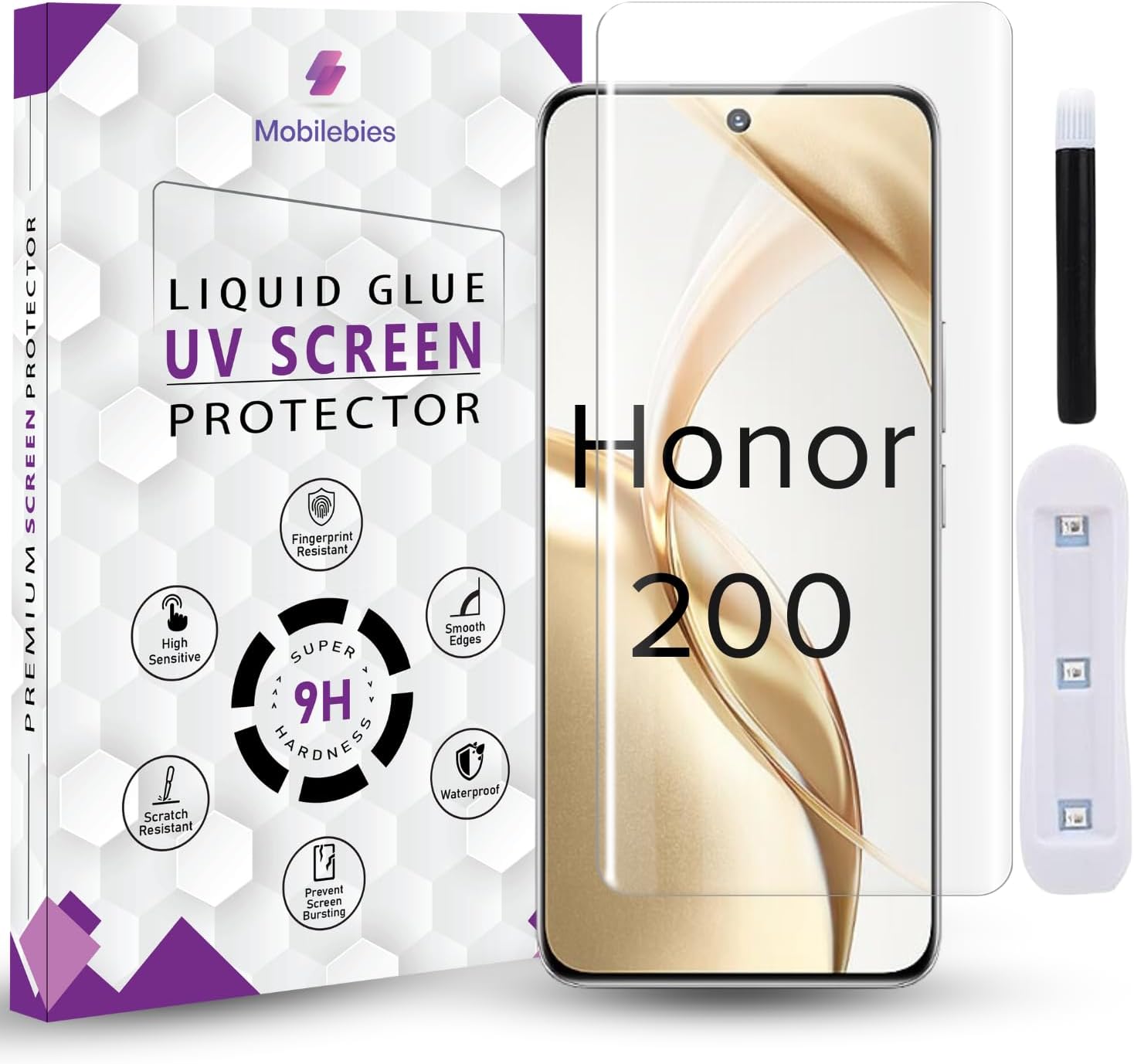 Mobilebies® Premium HD+ UV Tempered Glass Screen Protector For Honor 200 (6.7 Inch, Pack of 1) Full Adhesive UV Curved Screen Protector Case Friendly HD Clarity with installation kit & Guide