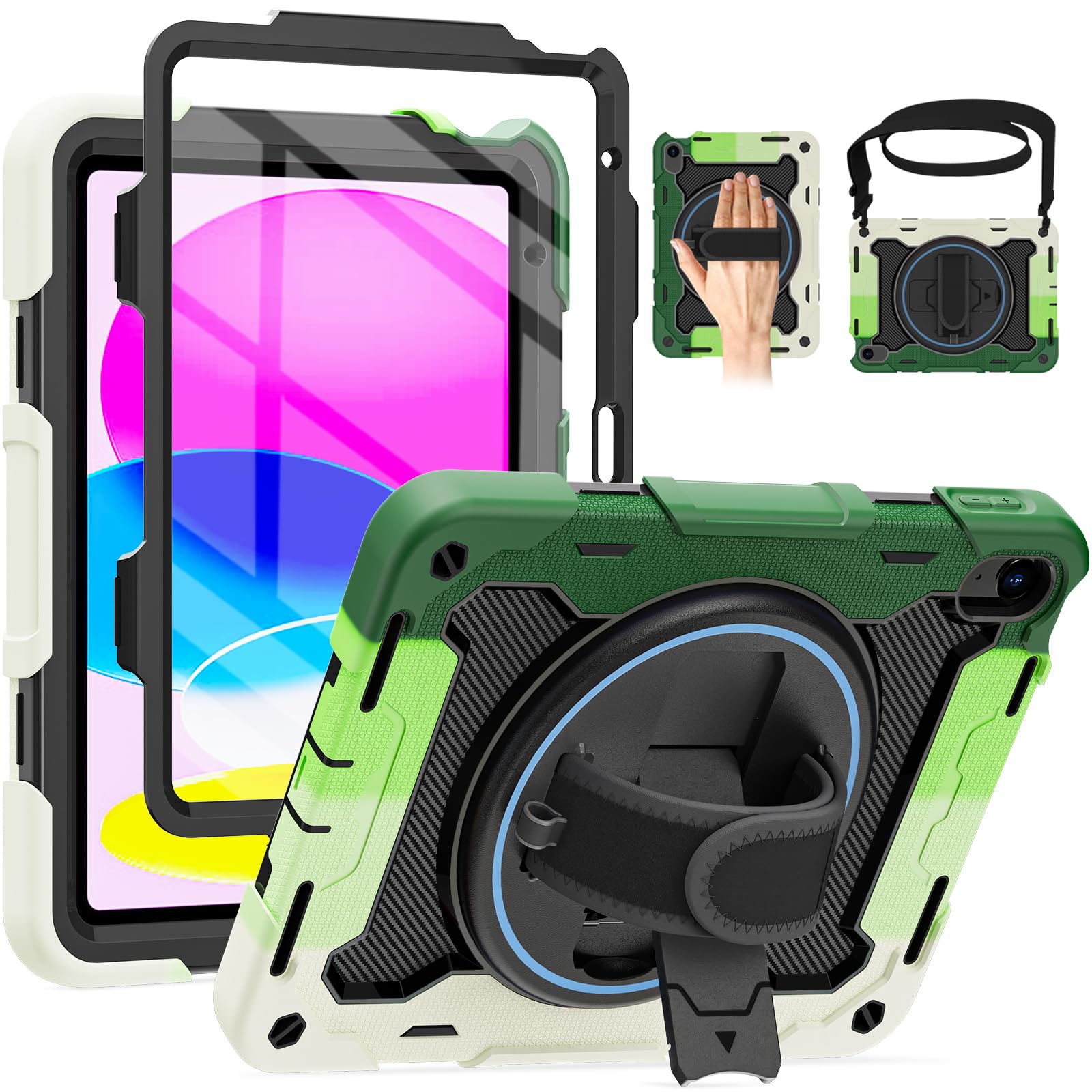 ROSROME Case for iPad 11 Inch A16 11th Generation 2025, iPad 10th Generation Case 10.9" for Kids with Screen Protector, 360 Kickstand Hand Strap,