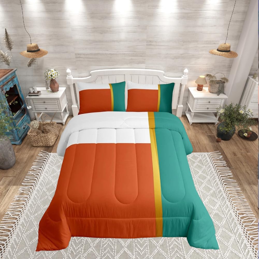 Parure de lit bleu sarcelle et orange avec motifs géométriques rectangulaires