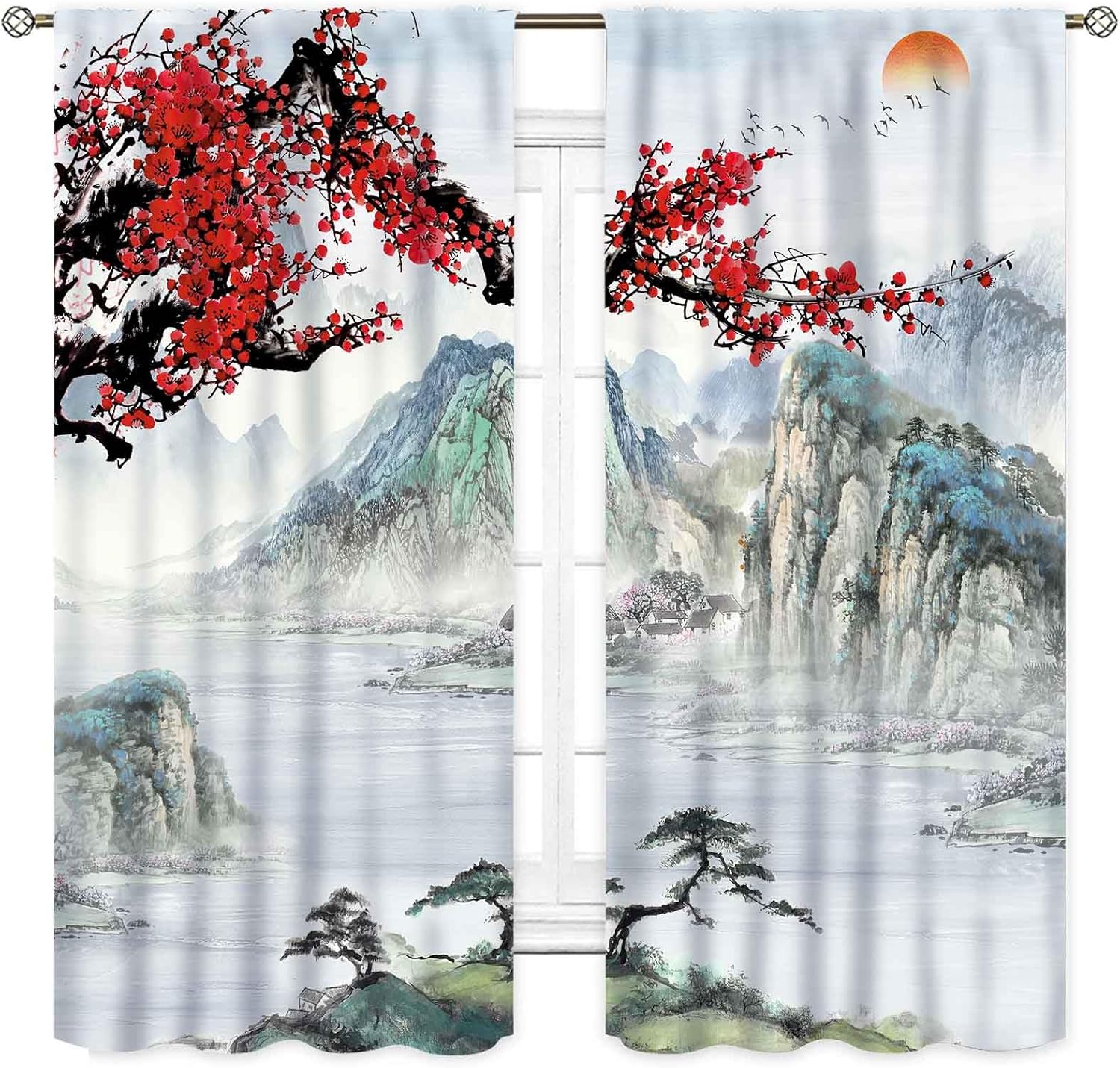 Asian Curtains for Bedroom, Traditional Ink Painting Nature Landscape Mountains Cherry Blossoms Floral Oriental Art Japanese Style Kitchen Living Room Bathroom Window Drapes Curtain Sets, 55"x63" Inch