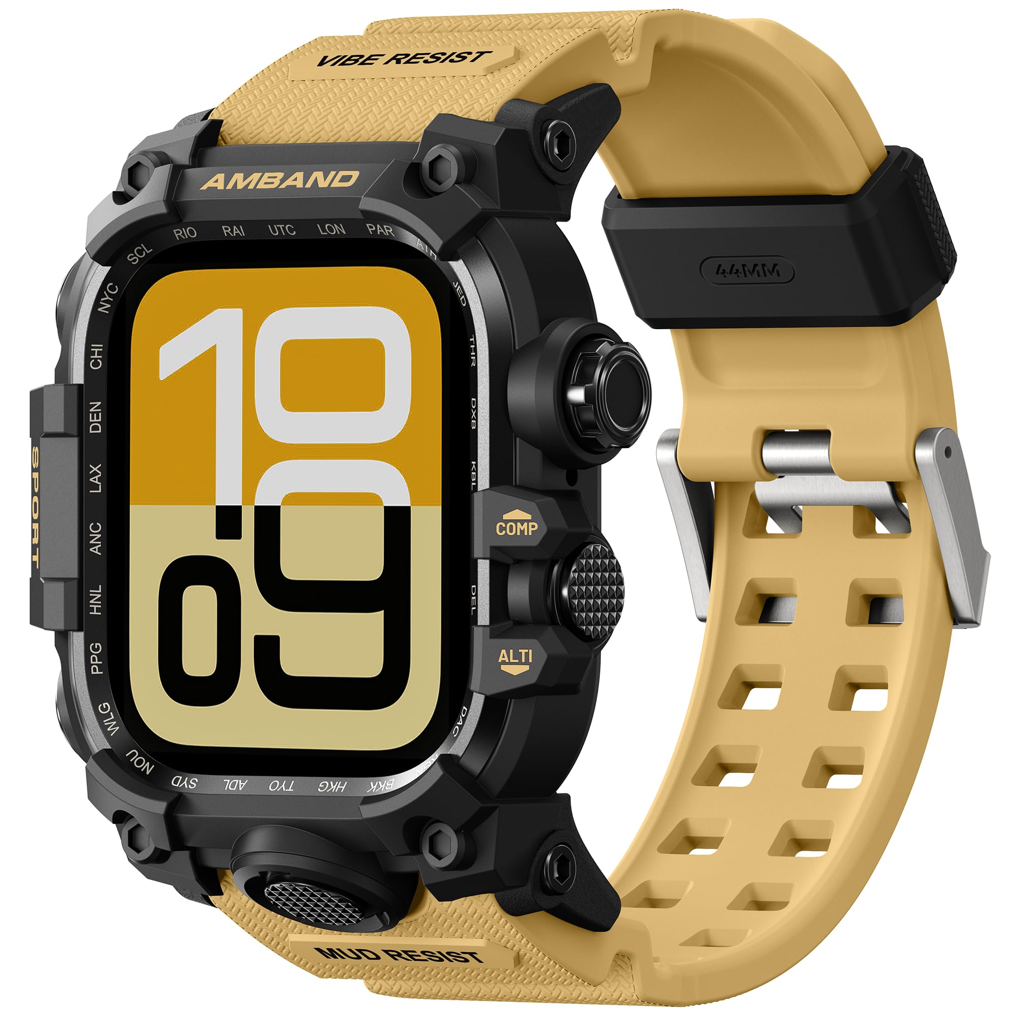 Photo 1 of amBand Rugged Case with Band for Apple Watch 44mm, Compatible with iWatch Series SE 3/SE 2nd Generation/SE/6/5/4, Military Grade Shockproof Bumper Cover, Tactical Band for Men, Sand Beige