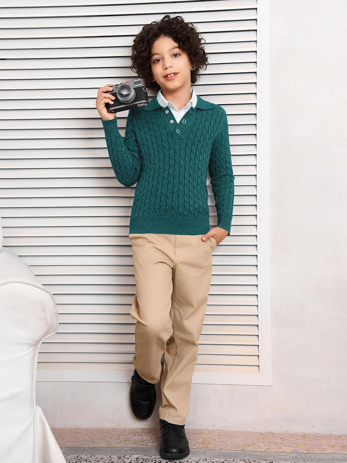 Haloumoning Boys Cable Knit Polo Shirt Kids Long Sleeve Sweater Fall Fashion Clothes 5-14 Years - Image 5