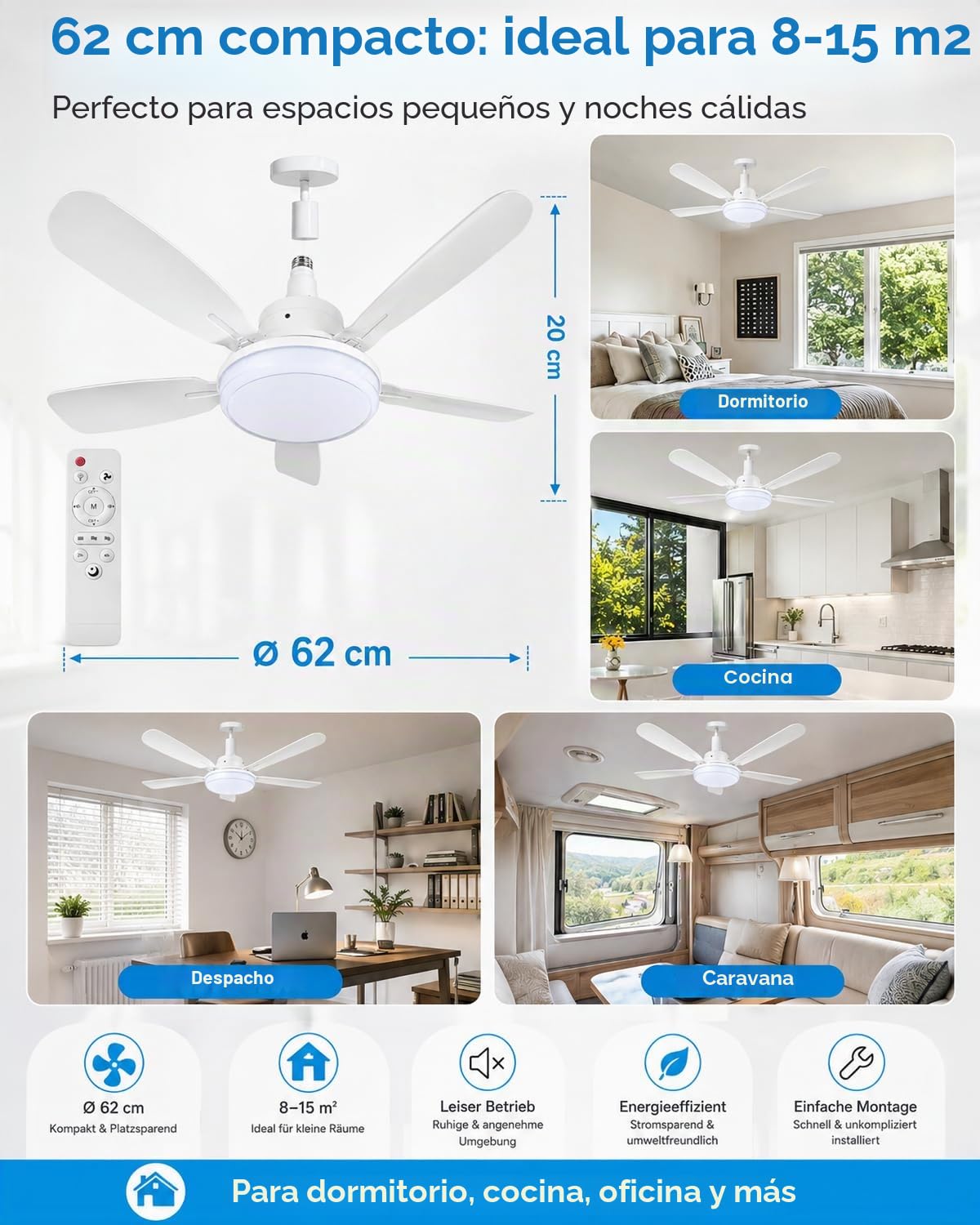 Ventilador de Techo con Luz y Mando a Distancia, E27