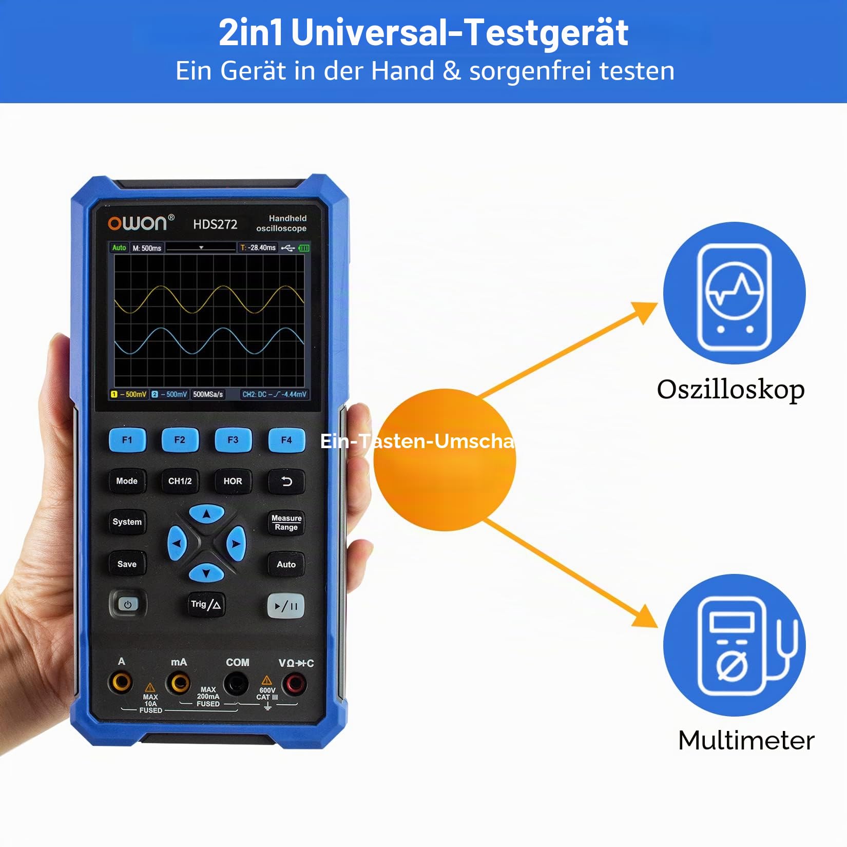 OWON HDS272 2 in 1 Handheld Oszilloskop, 70MHz Bandbreite USB Typ C mit 3,5 Zoll LCD Display, 20000 Zählungen Digital multimeter, 2 Kanal Digital Oszilloskop