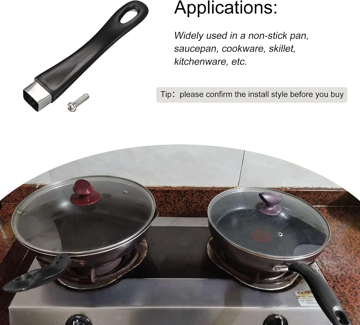 MECCANIXITY Pan Replacement Handle Black 183mm/7.2inch with Screw Nonstick Saucepan Cookware Skillet Stainless Steel Handle