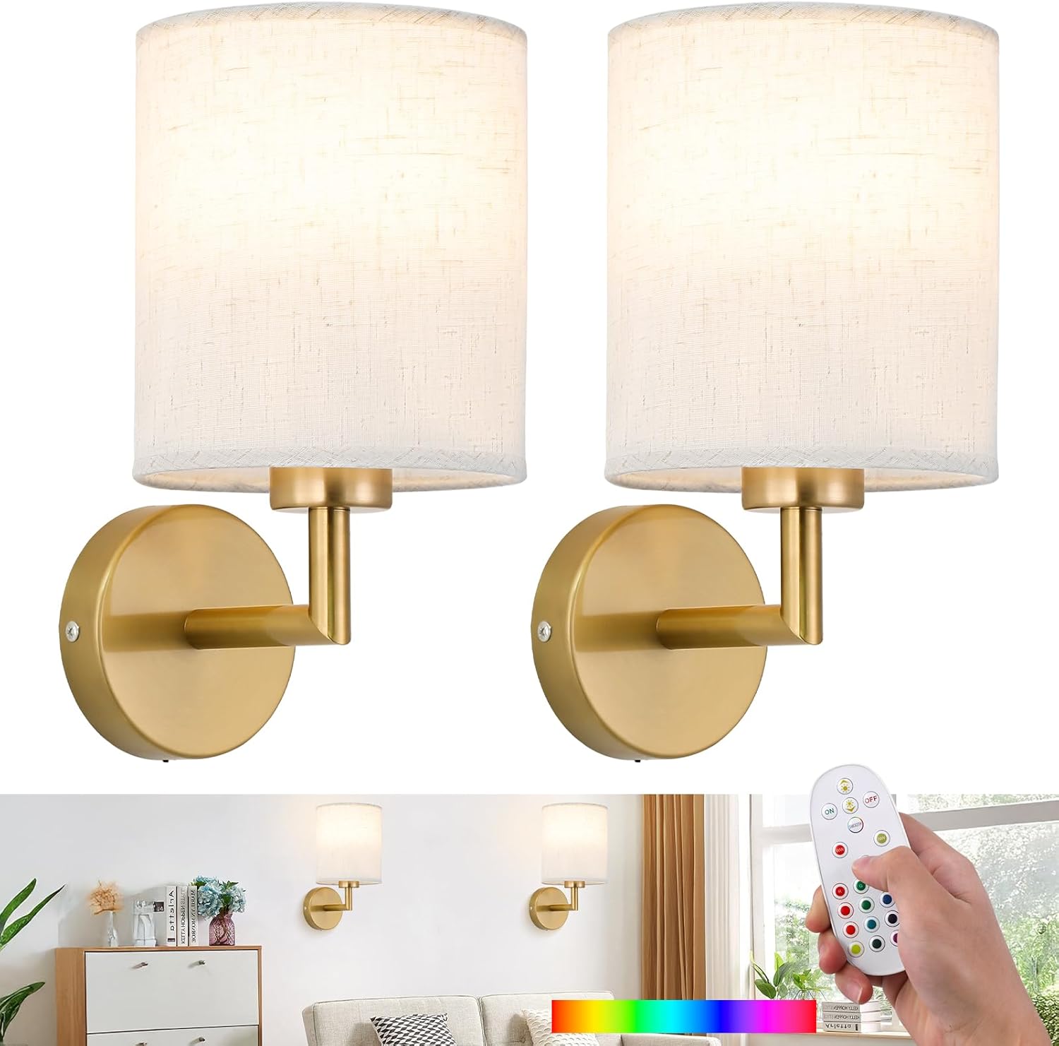 Battery Operated Wall Sconce Set of 2,Rechargeable Wall Lights with Remote Control,Wireless Wall Sconces with 3000mAh Detachable LED Bulb,15 Colours Dimmable Wall Lamp for Bedroom Living Room Hallway