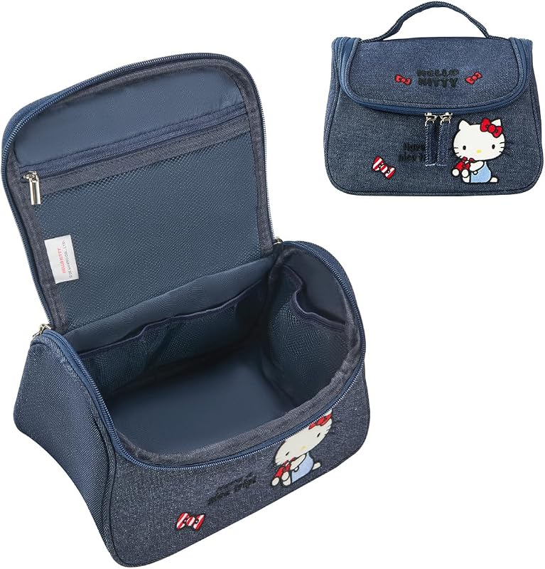 AmBealla Necessaire de Maquiagem em Jeans com Bordado, Zíper e Alça, Azul, 1 Unidade