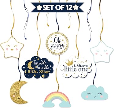 LINGTEER Twinkle Twinkle Little Star Swirls Streamers - Cheers to Baby Shower Birthday Party Hanging Decorations - Boy.
