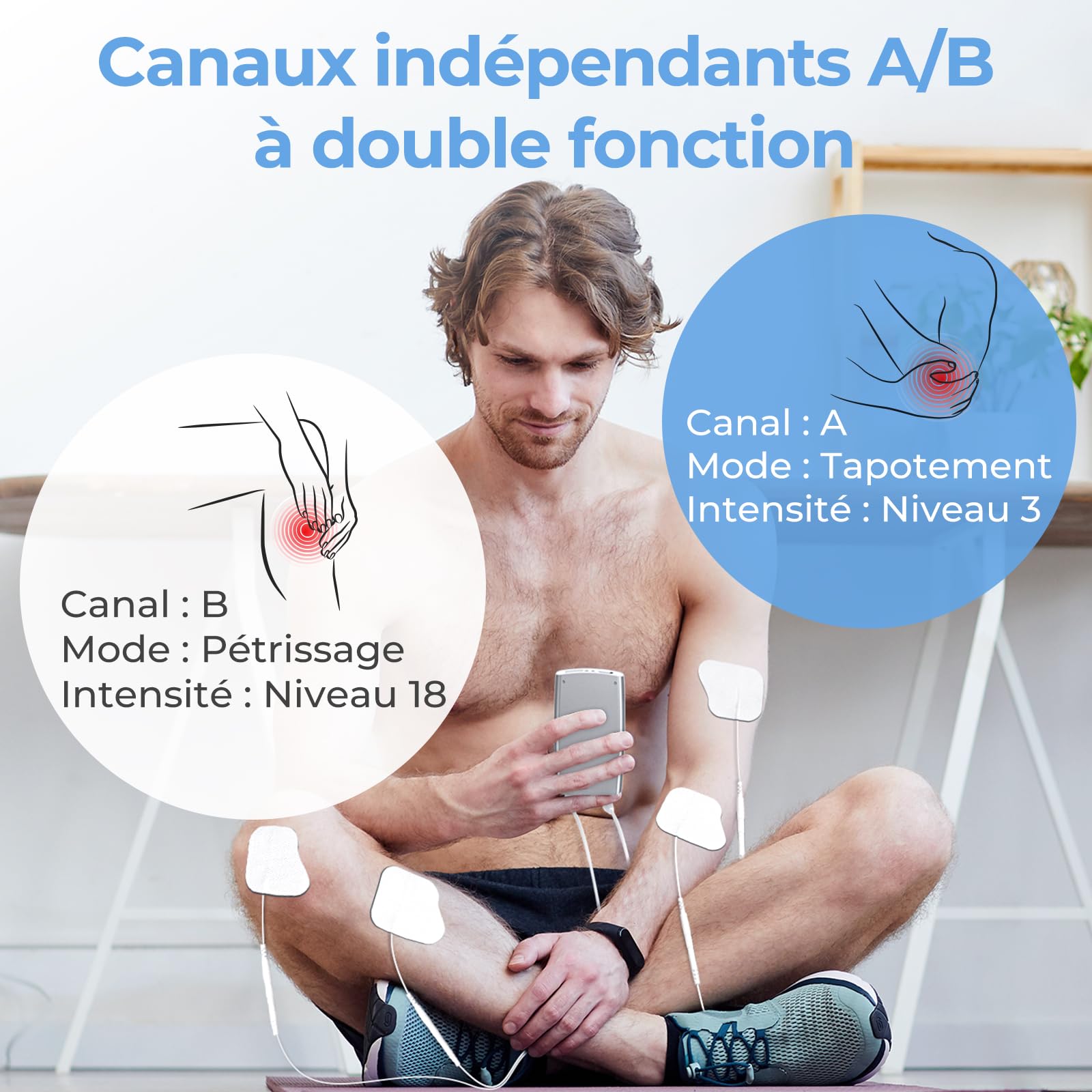 AUVON Électrostimulateur Musculaire à double canal pour le soulagement de la douleur, electrostimulation appareil avec 20 modes, 10 pièces d'électrodes TENS de 5 cm x 5 cm