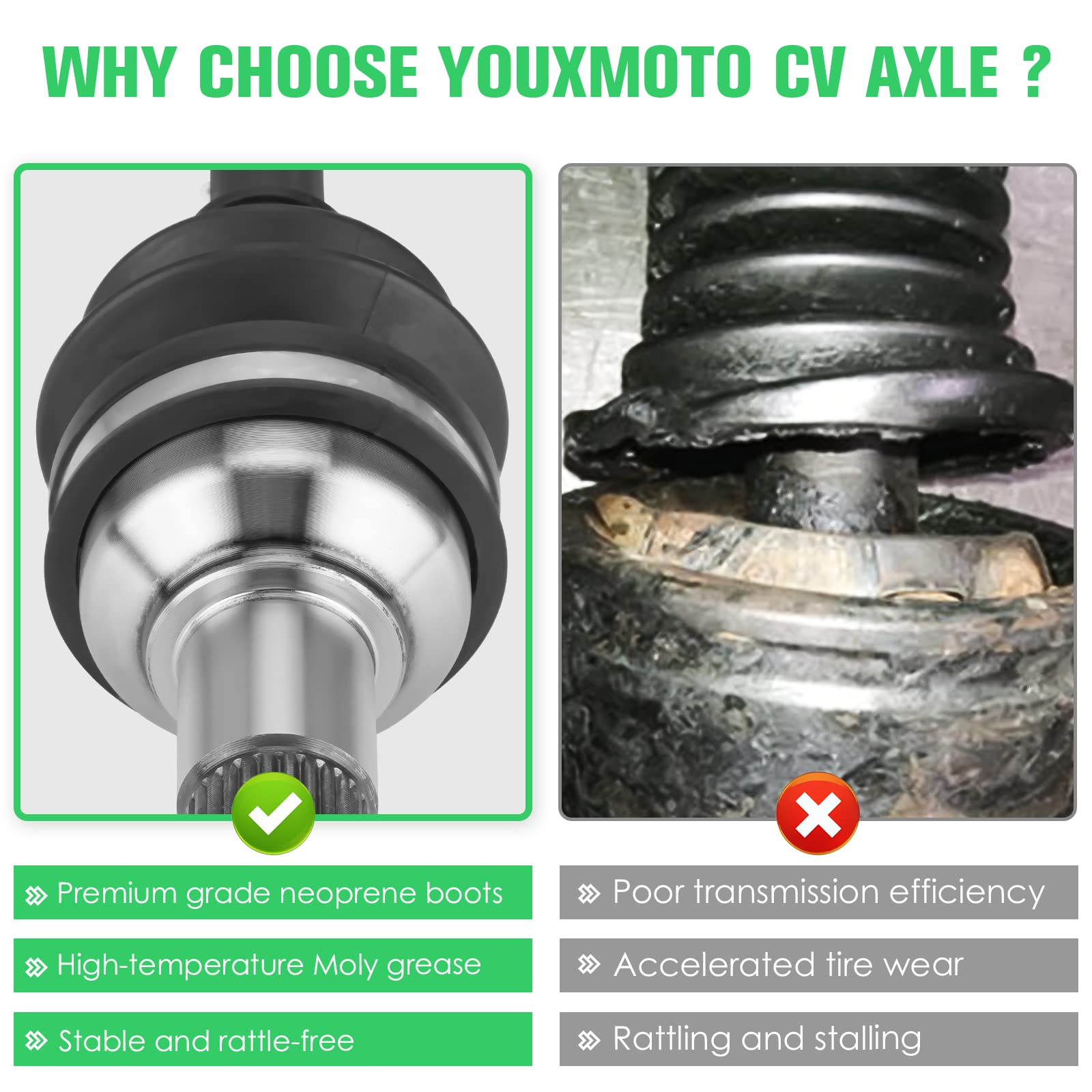 Youxmoto Eje CV trasero izquierdo/derecho para Yamaha Grizzly 660 2003 2004 2005 2006 2007 2008, 4340 Chromoly Steel CV Axle Drive Half Shaft con kit de rodamientos de rueda