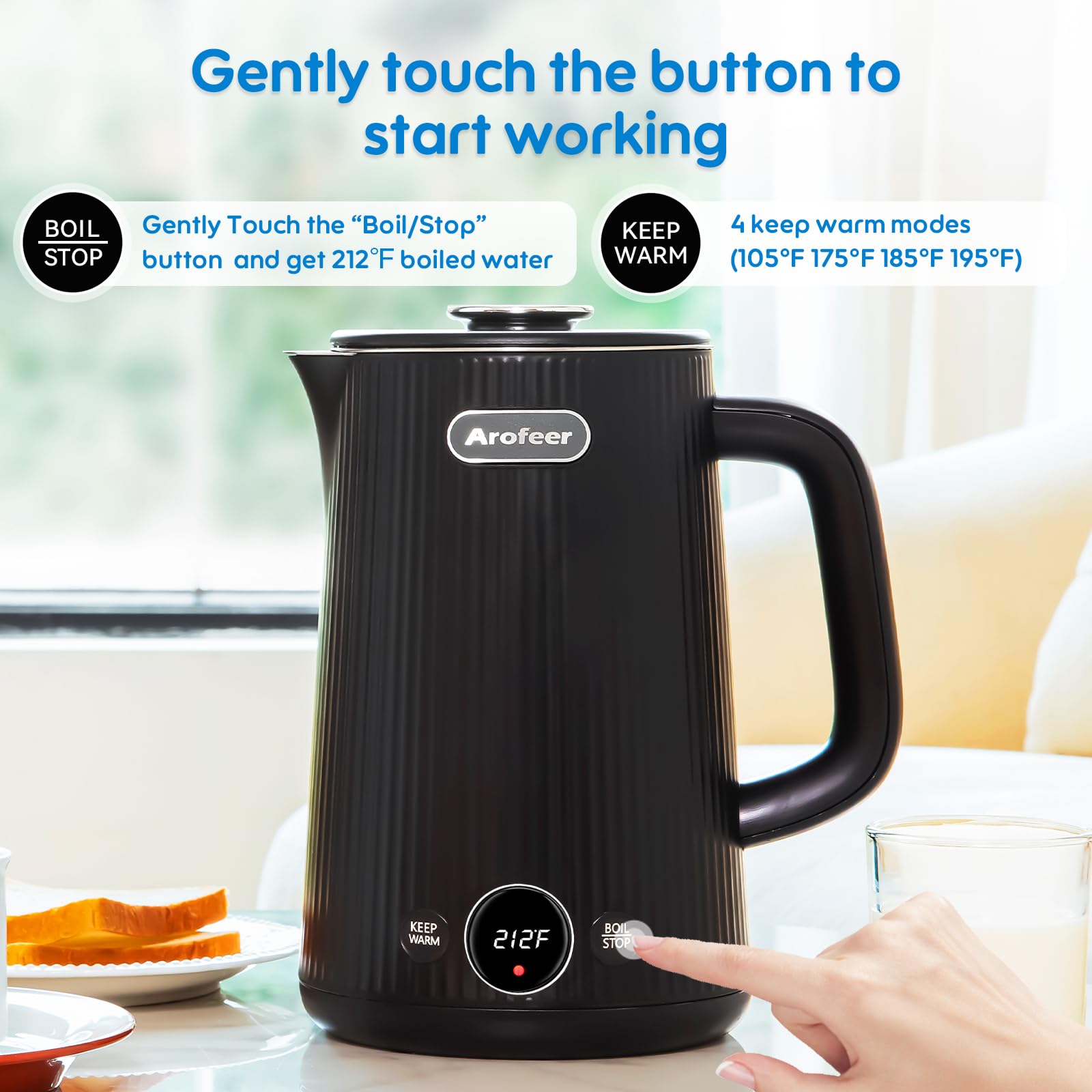 bollitore elettrico con controllo della temperatura, bollitore elettrico da 1200 W con acciaio inossidabile 304, mantiene il calore, spegnimento automatico, bollitore da tè elettrico da 1,7 L