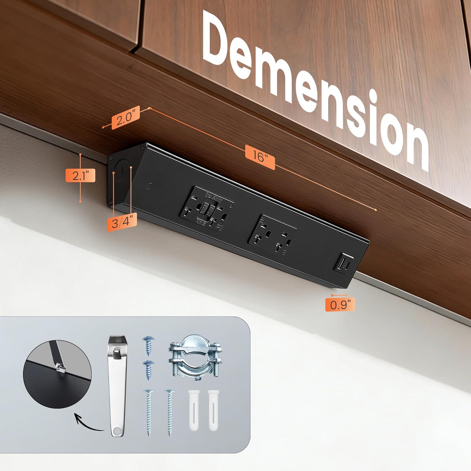 SURAIELEC 16" Under Cabinet Hardwired Power Strip with GFCI Outlet, Angled Outlet Design, 2500W Rating, 20A GFCI + 20A TR Outlet with USB-A & USB-C, Modular No-Cut Extension System, Black, ETL Listed