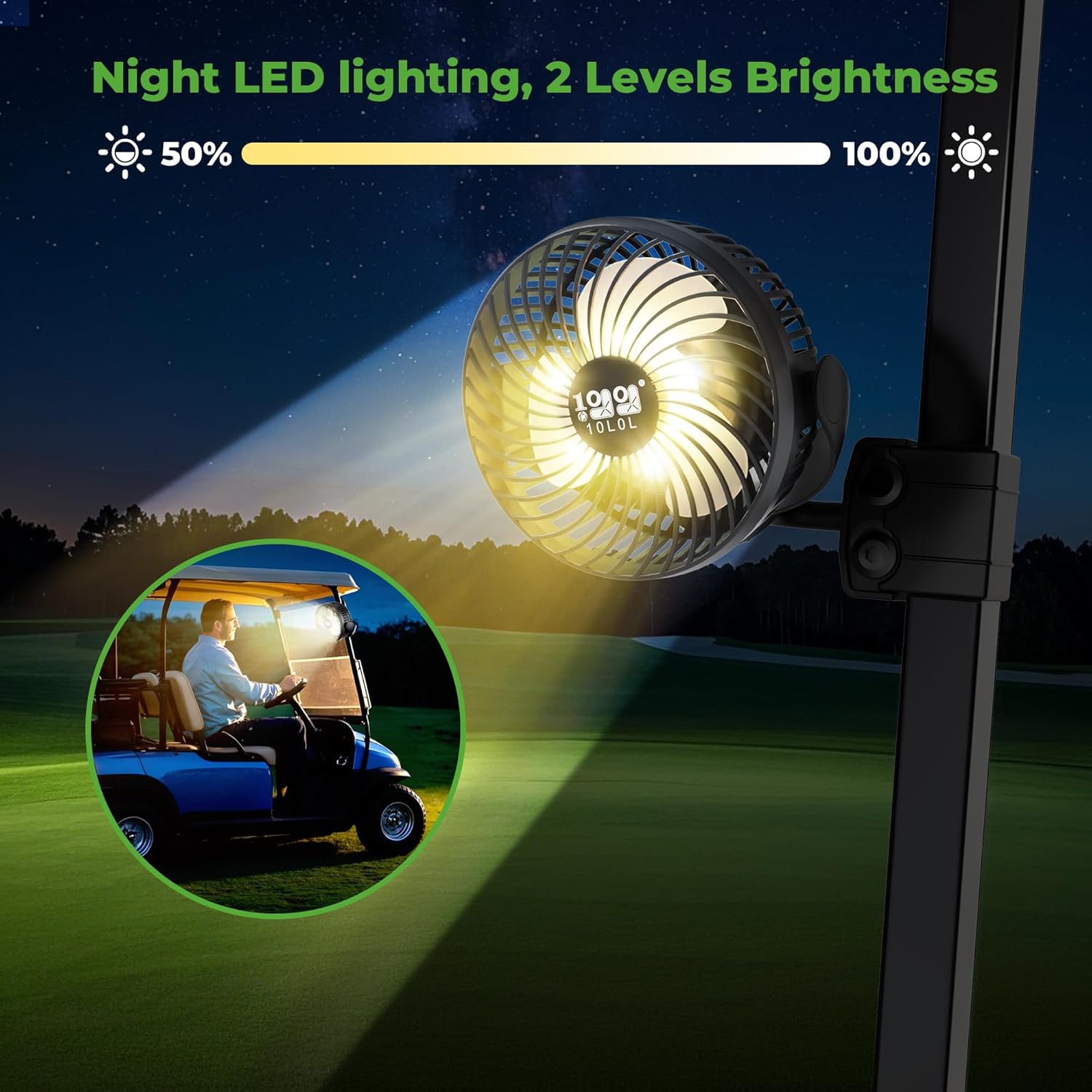 10L0L Universal Golf Cart Fan Fits Yamaha/EZGO/Club Car, Fixed Bracket 360°Degree Rotational Fan, 3 Speed Adjustment, Support for Reverse Charging and Emergency Lighting-Black