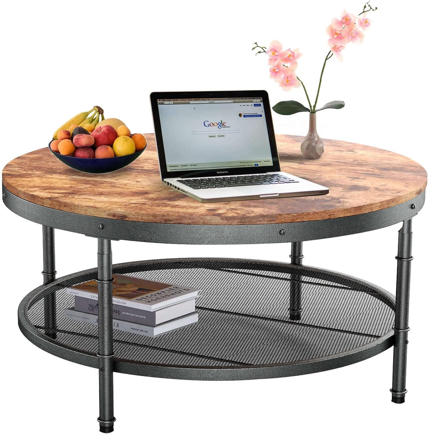 SAINTCY 36 Inch Round Coffee Table, Rustic Brown Circle