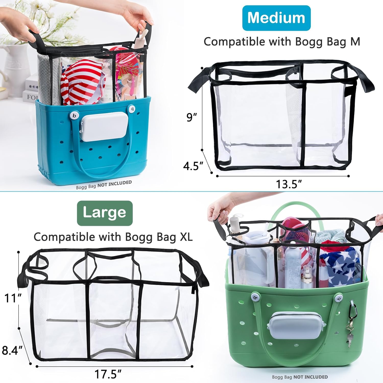 AMOIGEE Clear Beach Bag Organizer Insert with 3pcs Accessories for XL Bogg Bag Inserts - Tote Bag Divider with Sunglasses Holder, Phone Holder and Clips Hooks - Beach Tote Insert Organizer Liner