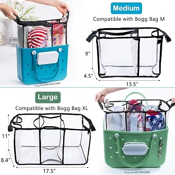 AMOIGEE Clear Beach Bag Organizer Insert with 3pcs Accessories for XL Bogg Bag Inserts - Tote Bag Divider with Sunglasses Holder, Phone Holder and Clips Hooks - Beach Tote Insert Organizer Liner