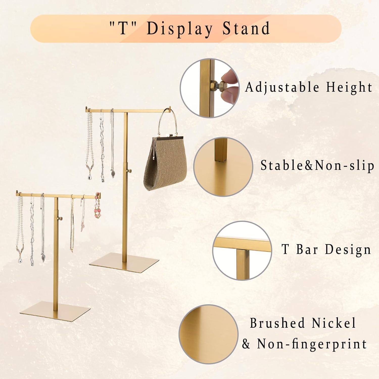 Display Stand Stainless Steel Jewelry Towers Bag Stand Tabletop Double Hook Hanging Jewelry Stands for Necklaces Organizer Stand Adjustable Height Home Store Boutique, Gold