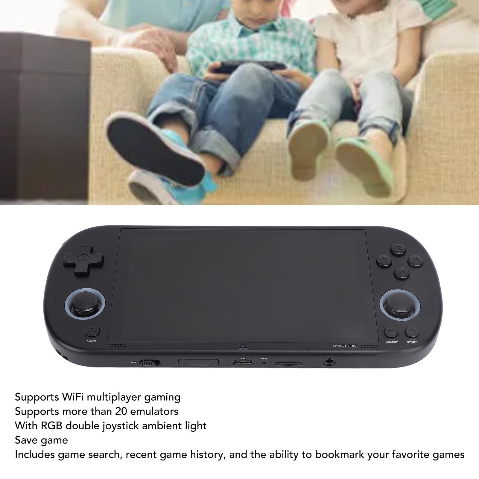 Handheld Console Game, Przenośne Konsole Gier 5000 MAh Pojemność Baterii 4,96 Cala IPS Ekran z światłem Otoczenia dla Rozrywki (BLACK)