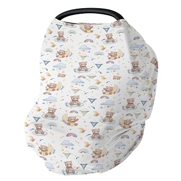 Watercolor Blue Bear Rainbow Car Seat Cover for Babies Cute Bears Moon Stars Clouds Stretchy 5-in-1 Cover Adjustable Infant Carseat Cover Canopy Baby Animal Breathable Nursing Cover-Up