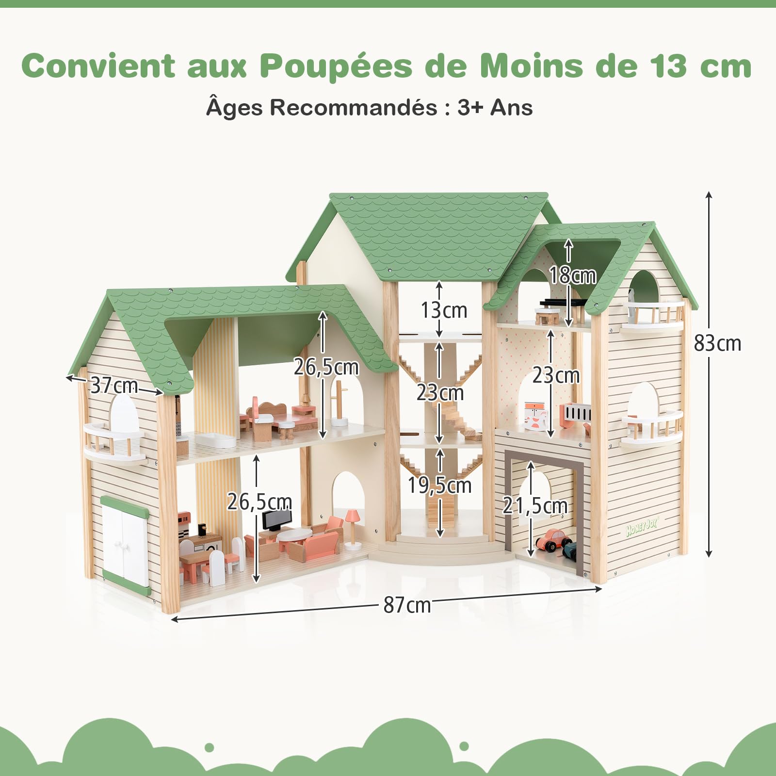 COSTWAY Maison de Poupée en Bois avec 6 Pièces & 36 Meubles, Maison de Rêve avec Toit Vert & Garage & Balcon, Conception d'angle, Jeu d’Imitation Princesse pour 3 Ans+, 87 x 37 x 83 cm