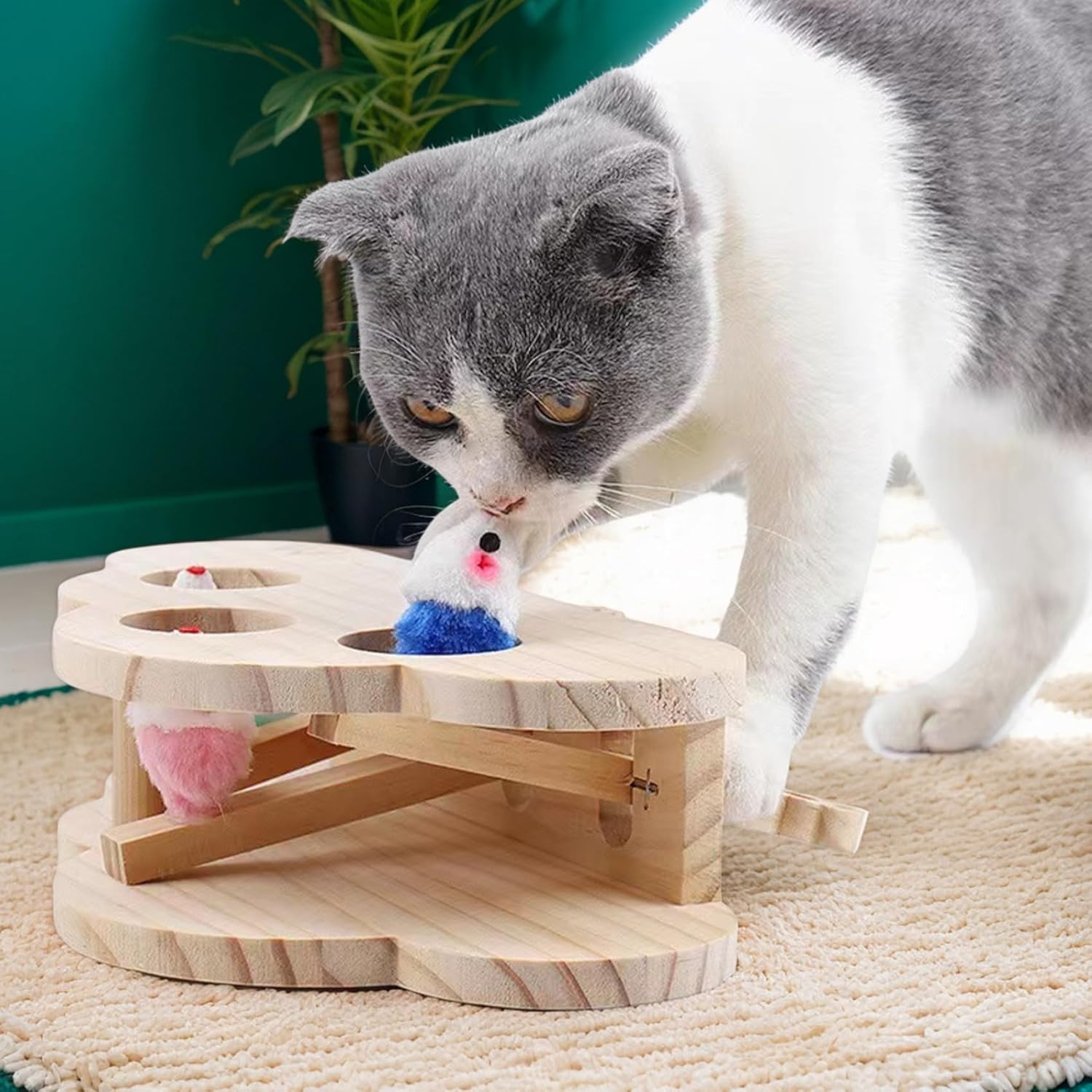 Cat Toy Eco-Friendly Wooden Cat Toy with 3 Holes Engaging Stimulated Interactive Toys for Indoor Bored Cats Exercise and Fun