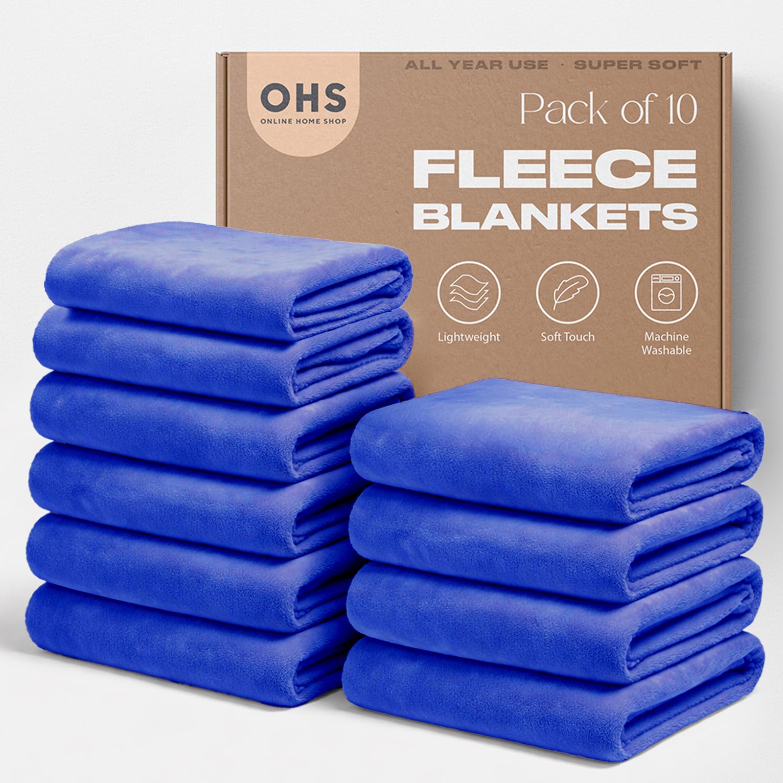 Ohs Cobalt Blue 10 X Plain Flannel Fleece Blankets Bulk Sofa Throws, Super Soft Cosy Warm Blankets For Bed Settee Bulk Throws Joblot Double Bed Throw Wholesale, - 150 X 200Cm