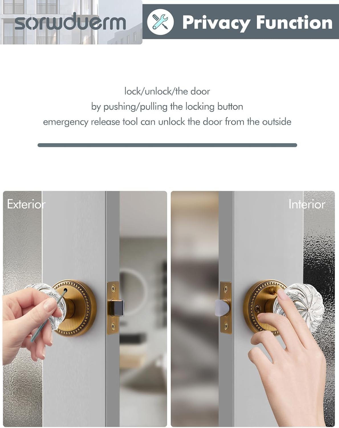 2 Pack Crystal Knobs Antique Brass Door Knob Interior Privacy Door Knob for Bedroom and Bathroom Glass Door Knob